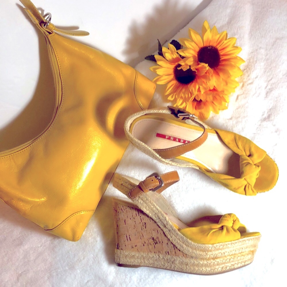 PRADA Suede Wedges & Matching Leather Purse in Sunny Butter Yellow